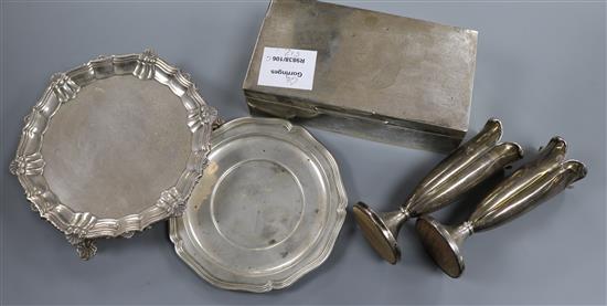 A George V silver waiter, a silver cigarette box, par of silver spill vases and a 925 dish.